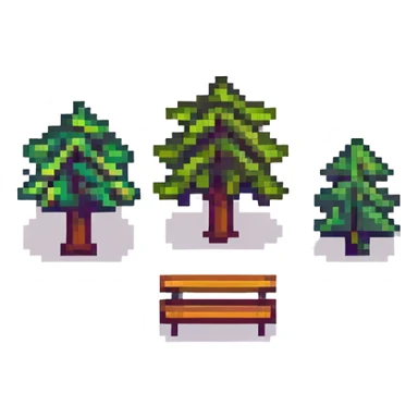 tiny simple city park icon with tree and bench, modern colors, minimal details, small size sticker