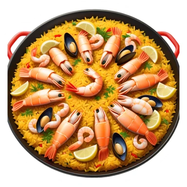 Cinematic Realistic Paella Dish Emoji, depicted as a vibrant, aromatic rice dish loaded with seafood, chicken, and saffron rendered with rich textures and dynamic, warm lighting. sticker