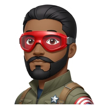 sam wilson with a close to the scalp black hair  and  a well-groomed beard that connects to his mustache,  wear sleek, red-tinted tactical goggles fit snugly from captain america: civil war sticker