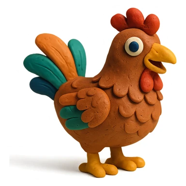 hen with colorful feathers and playful expression in claymation style sticker