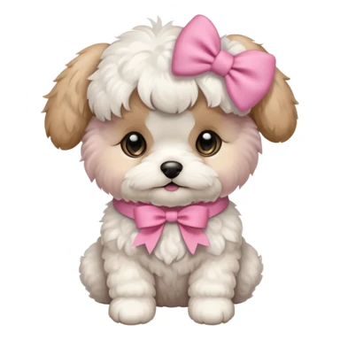 Schichon puppy sitting, wearing a pink bow sticker