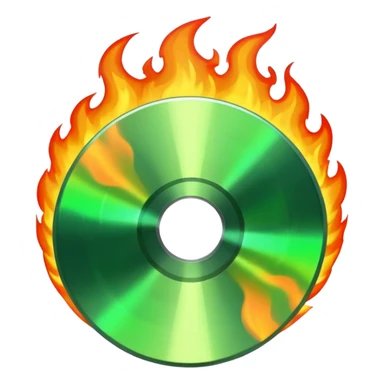 A CD disc with a fiery design, green fire sticker
