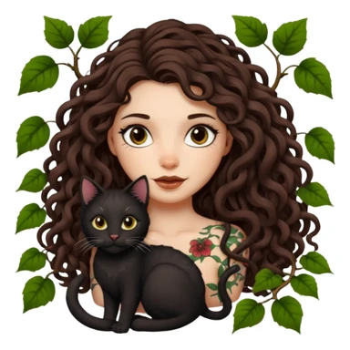 woman with long curly brown hair, brown eyes, white skin, tattoos, black cat tangled in living vines sticker