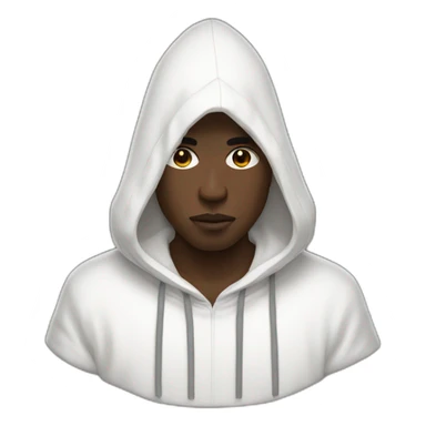 A black man wearing a white hood adorned with short white wool threads sticker
