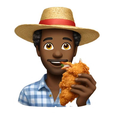 Black man eating spicy fried chicken while wearing a straw hat sticker