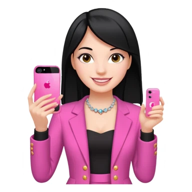 chica blanca con pelo negro liso sosteniendo con una sola mano un celula iphone 13 rosa, con vestimenta d salir de fiesta sticker