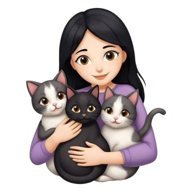 happy girl with black hair hugging three cats  (black cat, gray cat, brown calico cat) sticker