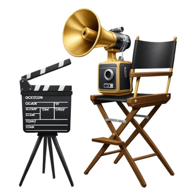 Professional icon for Directing: a collage featuring a director's chair, a film camera, a megaphone and an Oscar trophy. The icon should represent the craft and creativity of film directing, with emphasis on leadership and cinematic artistry. Transparent background. sticker