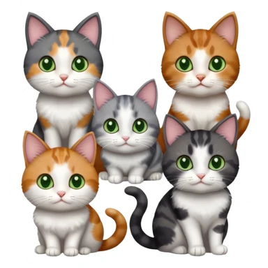 6 different coloured small cats including a dark grey and white, and a patchy calico, and a brown tabby and white,  and a completely solid dark grey with green eyes and only white paws sticker