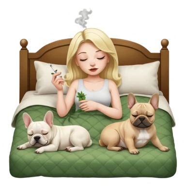 Sleeping weed smoking blonde women with French bulldogs on the bed sticker