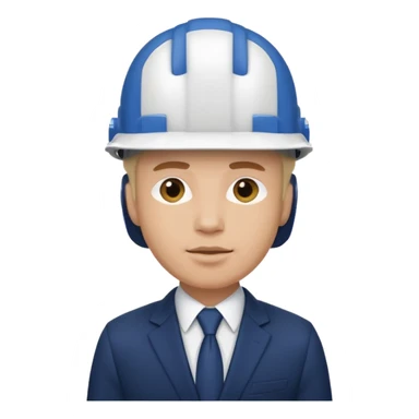 a man in a strict dark blue suit, wearing a white construction helmet on his head sticker