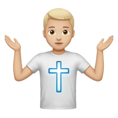 A person with the arms opened and extended forming a cross with their arms and body with t-shirt sticker