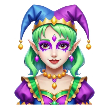 Cinematic chibi style girl in dressed like a Jester, Ultra realistic 32k HD, Breathtaking piece of art, rim lighting, hauntingly beautiful art, vibrant colors, Balanced features, highly detailed digital artwork, glowing with silver light, glowing, high shine, deviant adoptable, highly detailed clothing, remembrance, a painting of white silver, fanciful, enchanting, ghostly, embodying the essence of both reality and fantasy, dreamy, dreamy glow, optical illusion, immaculate composition, complex pose, air composition. The image is so lifelike that it feels as though it could leap off the canvas at any moment sticker