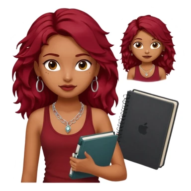 a pretty tan indian bratz girl with messy dark wavyred hair, wearing a dark red tank top, layered silver necklaces. Carrying multiple sketchbooks sticker