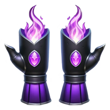A Discord emoji of a pair of black armored gauntlets holding a flickering violet flame. The hands are positioned as if offering a gift. Dark gothic fantasy, glowing magical effects, high contrast, 2D vector style, white background. sticker