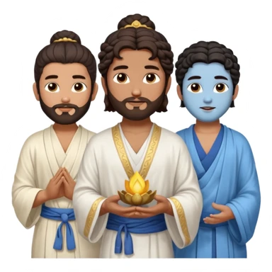Create a Jesus - men long wavy dark-brown hair, short beard, wearing a simple white robe., Krishna- men blue skin with dark curled hair , and Buddha standing together. Buddha: men warm golden or light tan skin, dark curled hair with a traditional top bun (ushnisha)

 sticker
