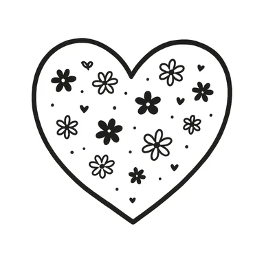 Remove the cat from the image, keep only the heart and floral doodle decorations in a hand-drawn doodle style. The style should resemble notion style hand drawn doodles with delicate floral elements and a whimsical artistic feel. sticker