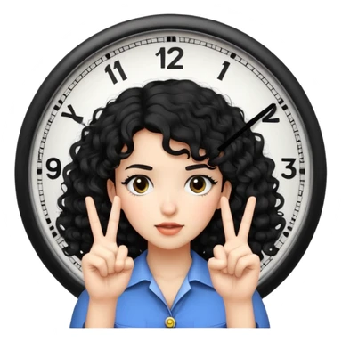 a girl with black curly hair, with a clock and putting her two fingers together like she is squashing something sticker