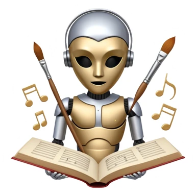 A metallic humanoid figure whose torso is a circle divided into 4 clear segments, each segment containing a distinct icon: paintbrush (visual arts), music note (musical arts), theater masks (theatrical arts), and an open book (literary arts) sticker