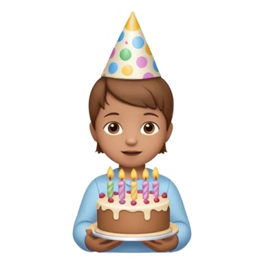 with brown hair cute baby wearing birthday hat with birthday cake sticker
