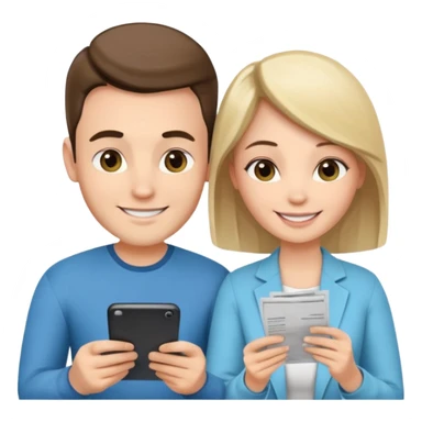 casually dressed stylish  looking husband and wife avatars reviewing their finances together  sticker