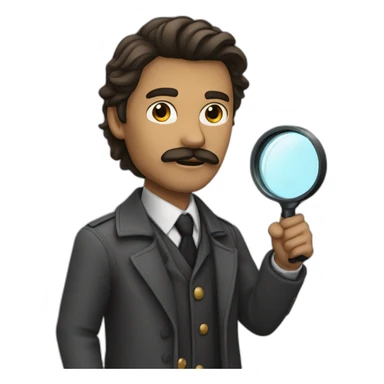 detective using a magnifying glass, black high neck, long hair, Guy, with a light mustache, and wearing a long coat, and racism should be light brown skin sticker