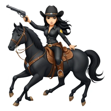 badass confident hot tanned woman with long black hair cowgirl style wearing black leather outfit with gun riding horse in action pose sticker