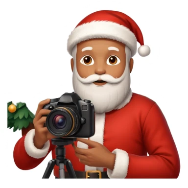 Homme photographe noir, week-end détente, équipé d’un appareil photo pro. Dans un décor Noël chaleureux, Père Noël à côté, sapin illuminé, lumières douces.  Ambiance festive, réaliste, couleurs nettes sticker