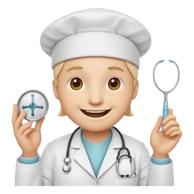 iPhone style smiley face emoji with an over exaggerated, wide smile, wearing a white doctor lab coat and white surgical cap sticker