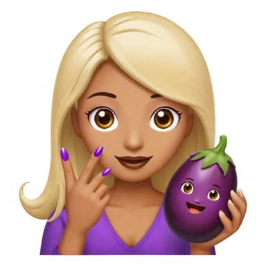 Emoji with long eyelashes and long fingernails holding an eggplant  sticker