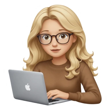 blonde girl with long dark blonde wavy hair, pantos-style glasses, a brown sweater, sitting with a laptop, soft pastel, upper body shot sticker
