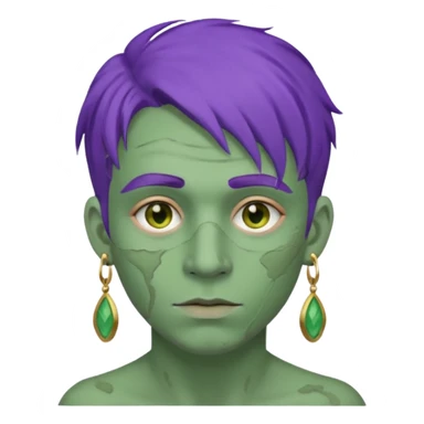 purple haired man with full full face dirty messy green clay mask and earrings sticker