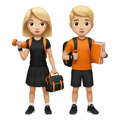 light skin students girl and boy with school bag full of books on hand and dumbell in other hand. Clothes are in black and orange colours. They are going to the gym. They have brown and blonde hair sticker
