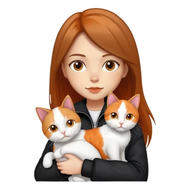 Light-skinned girl with brown straight hair wearing a black jacket, holding one pure white cat and one calico cat with orange black patches sticker