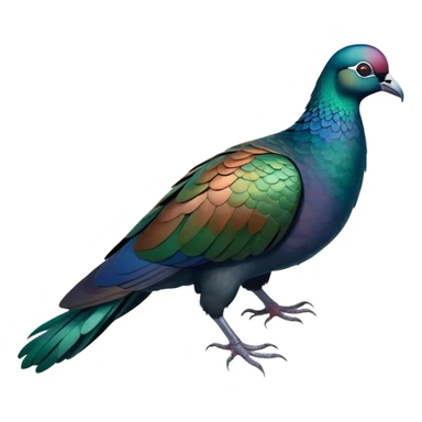 Nicobar pigeon with iridescent blue, green and copper-colored plumage, distinctive white tail sticker