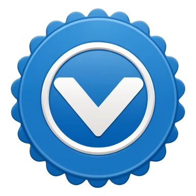 Flat blue verification badge emoji, scalloped circular shape, bold white checkmark in center, clean vector style, no text, no gradient, transparent background, emoji icon. sticker