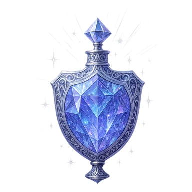 ultra luxurious crystal elixir bottle in shield shape, color #7986cb, multi-layered holographic and silver filigree, intricate crystal texture, magical glowing and sparkling effects, radiant light beams, very small neck, seamless ornate bottom, transparent background, bottle clearly floating in air, no base or shadow, modern, collection style, extremely beautiful and refined sticker