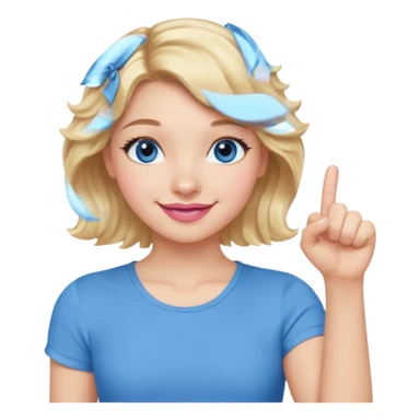 Girl Blonde short wavy hair,  blue eyes, cute blue top, long lashes, pink lips, smiling, fist bump sticker