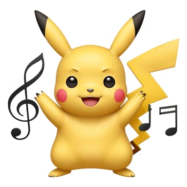 Pikachu inspired by the Rednote app emoji style, yellow body, musical symbols, cute happy face sticker