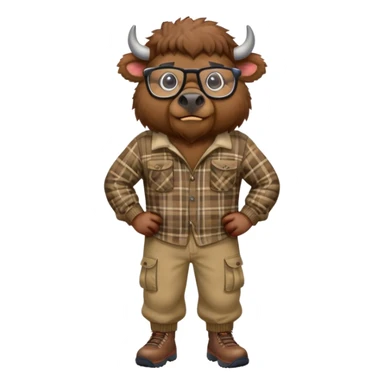 friendly anthropomorphised bison in cargo pants and plaid shirt, wearing glasses, jogging upright sticker