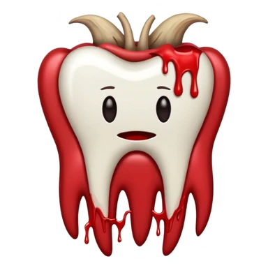 Minimalist emoji-style sticker of a pulled tooth with roots and a smear of blood at the base. Black and desaturated red colors. Flat, clean outline on white.
 sticker