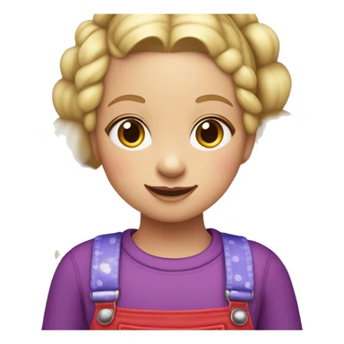 A little blonde girl with pigtails and little purple bows wearing a red long-sleeved shirt and purple overalls with blue tights with green polka dots and purple sneakers. sticker