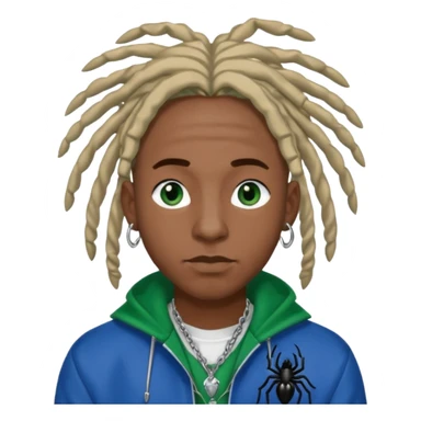 create a black male with locs and silver ear piercings and a left nose piercing and a spider necklace that’s black along with a varsity jacket that’s blue and green sticker