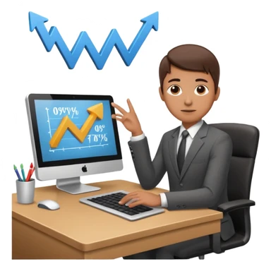 A person sitting at a desk working and looking at a computer with upward arrows and percentage signs, suggesting digital sales, marketing, or outreach. sticker