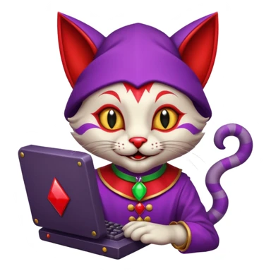 crazy colorful cute little cat jolly joker from poker, medieval, vintage, court jester, mac os icon, purple and red color, half body. The cat is represented as Code inside a retro computer terminal sticker