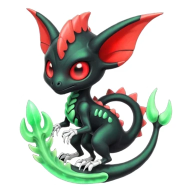 Evil horned glowing scary spooky Obsidian-black and neon-glowing-green skeletal Meloetta-Salandit-Nargacuga-Zygarde-Pokémon-Fakémon-creature-fusion-hybrid with glowing crimson-red evil slit eyes sticker