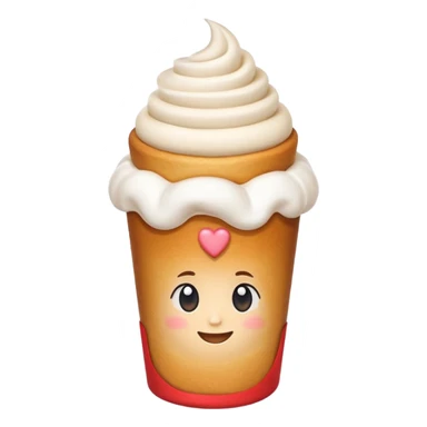 Cute emoji of a Hungarian chimney cake (kürtőskalács), cylindrical pastry, light brown baked dough with sugar coating, topped with white whipped cream, served in a small white paper cup sticker