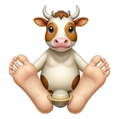 A cow-headed Saturn planet hybrid standing on huge human feet with toes, with Saturn's rings tilted around the middle of the body sticker