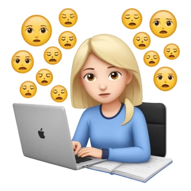 3D emoji style sticker, young woman, white background, slight exam stress, sitting with a laptop, IELTS practice test on the screen showing Overall 5.5, tired but determined expression, notebooks and papers around, soft lighting, minimal details, clean aesthetic, astrology style sticker