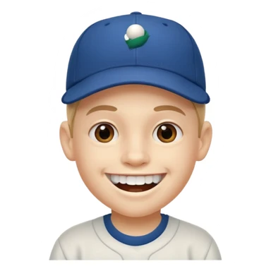 smiling schoolboy with large front teeth and a baseball cap sticker